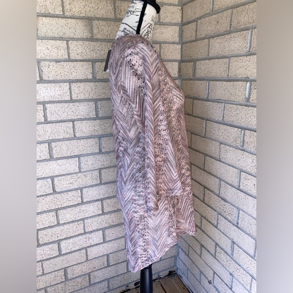 Elif Open Knit V Neck Shiny Metallic Pink Grey Swim Cover Up Tunic Bell Sleeves - Picture 10 of 16